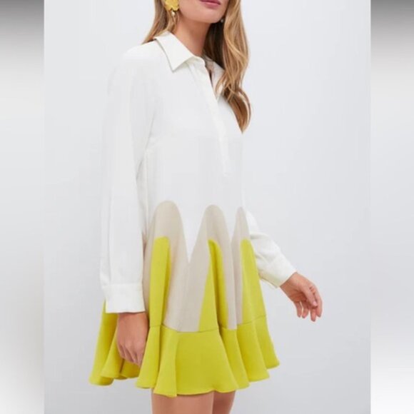 Tuckernuck Nadia Flounce Mini Dress Canary Yellow L NWT Long Sleeves Shirt Dress - Picture 4 of 12
